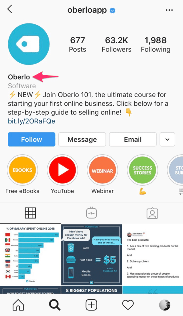 Oberlo - Optimize Instagram Profile