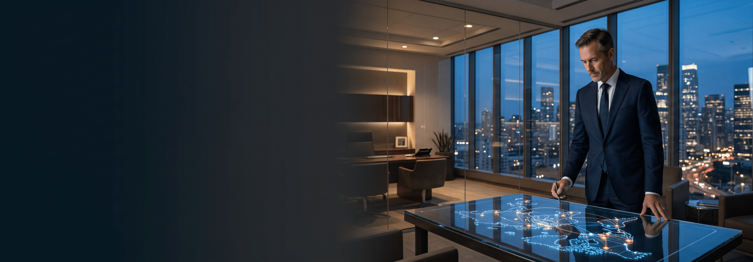 An executive in a tailored suit interacts with a glowing, map-based digital glass interface in a modern, high-rise office at twilight. A dark navy blue gradient covers the left side, providing clean negative space for potential text overlay. Behind him, massive floor-to-ceiling windows overlook an illuminated city skyline.