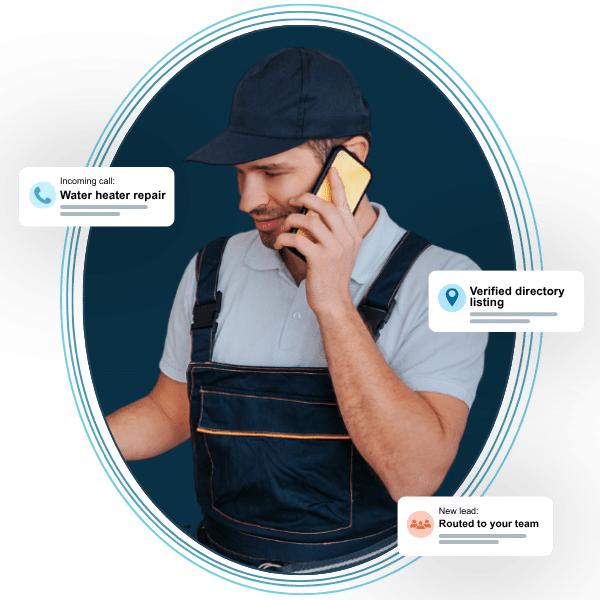 Home-service technician taking a call, with notes for an incoming call, a verified directory listing and a new lead routed to the team